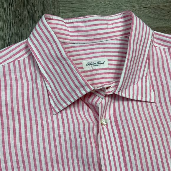 Salvatore Piccolo Napoli Striped Linen Shirt Mens Large Pink White Classy Italy - Picture 5 of 8